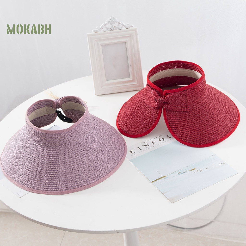 [Mok Abh] Mũ Chống Nắng Mỏng Rộng Vành Hở Chóp Đính Nơ Sau Lưng Thấm Hút Mồ Hôi Thời Trang Đi Biển