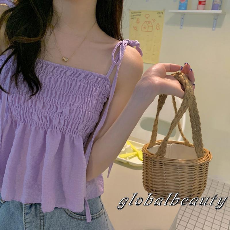 Áo Hai Dây Kiểu Xếp Ly Màu Trơn Thời Trang Mùa Hè Cho Nữ