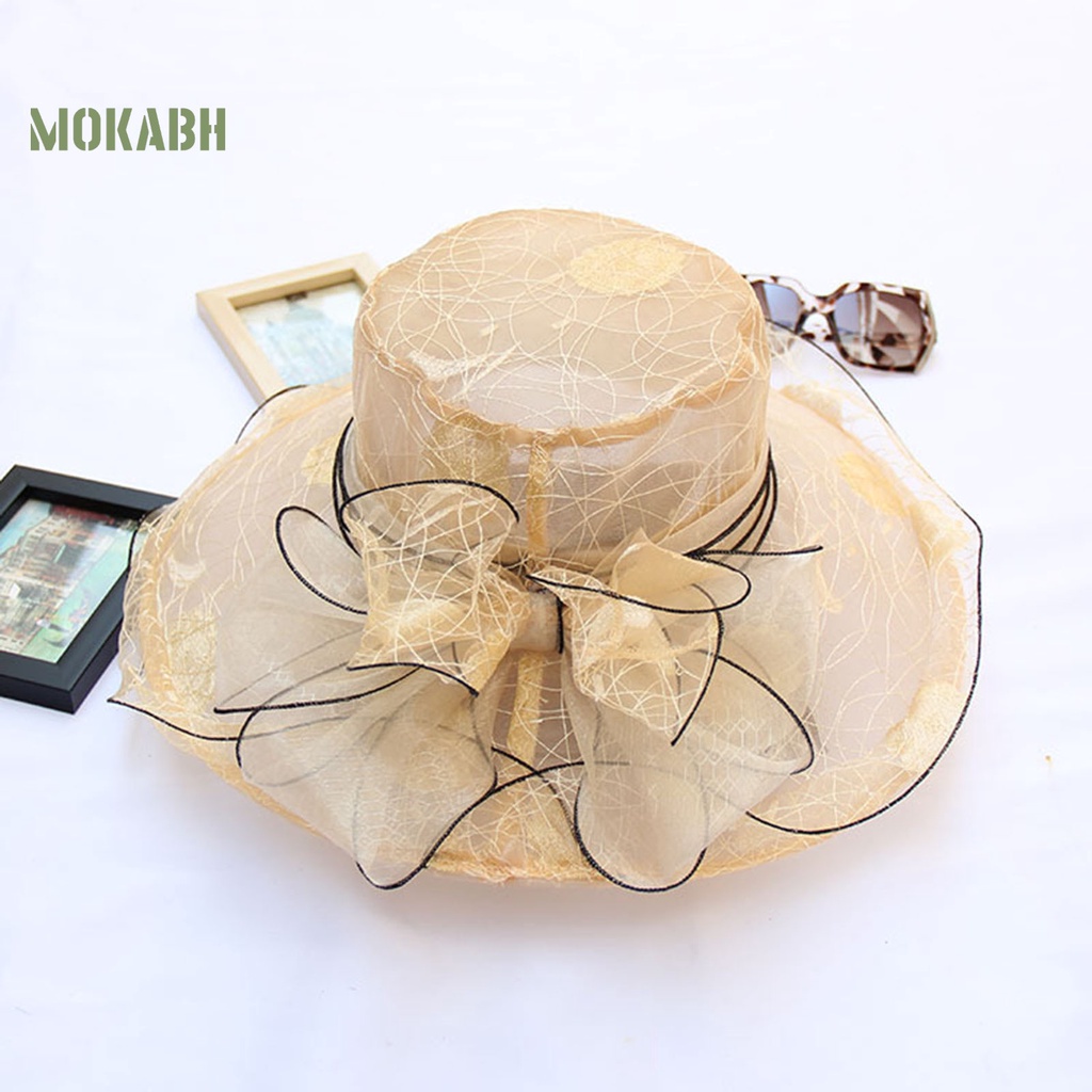 [Mok Abh] Mũ Rộng Vành Vải Hoa Nhìn Xuyên Thấu Viền Gợn Sóng Sang Trọng Thắt Nơ Sang Trọng Cho Nữ Đi Biển