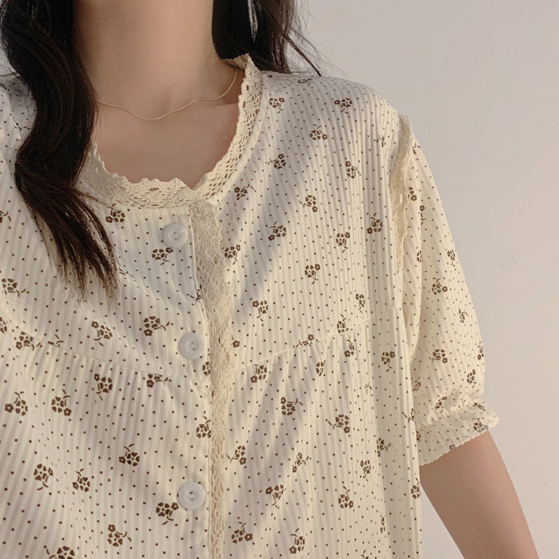 Bộ Đồ Ngủ Ngắn Tay Viền Ren Phong Cách Pháp Ngọt Ngào Mới Cho Nữ