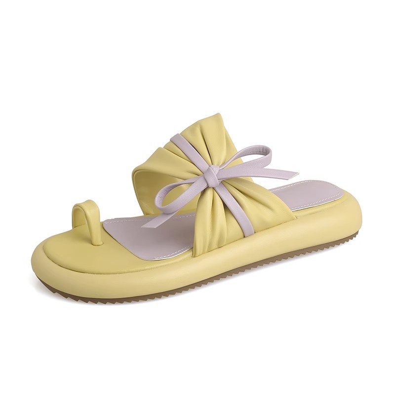 Duoya Tóc Thẳng ~ [Hàng Có Sẵn] Dép Xỏ Ngón Đế Phẳng Dày Đính Nơ Thời Trang Đi Biển Mùa Hè Cho Nữ Miễn Phí Vận Chuyển