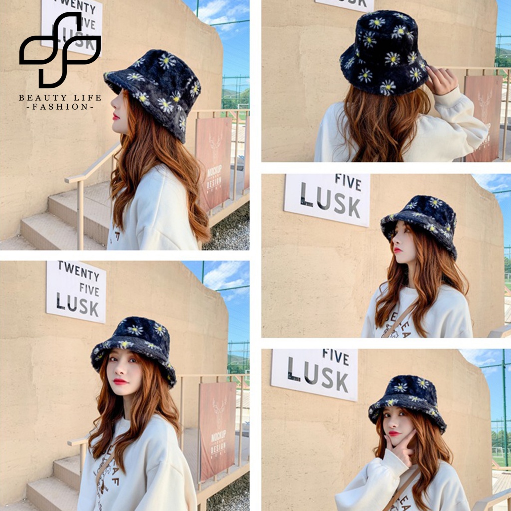 Nón Tai Bèo Phủ Lông Họa Tiết Marguerite Thời Trang Mùa Đông Ấm Áp