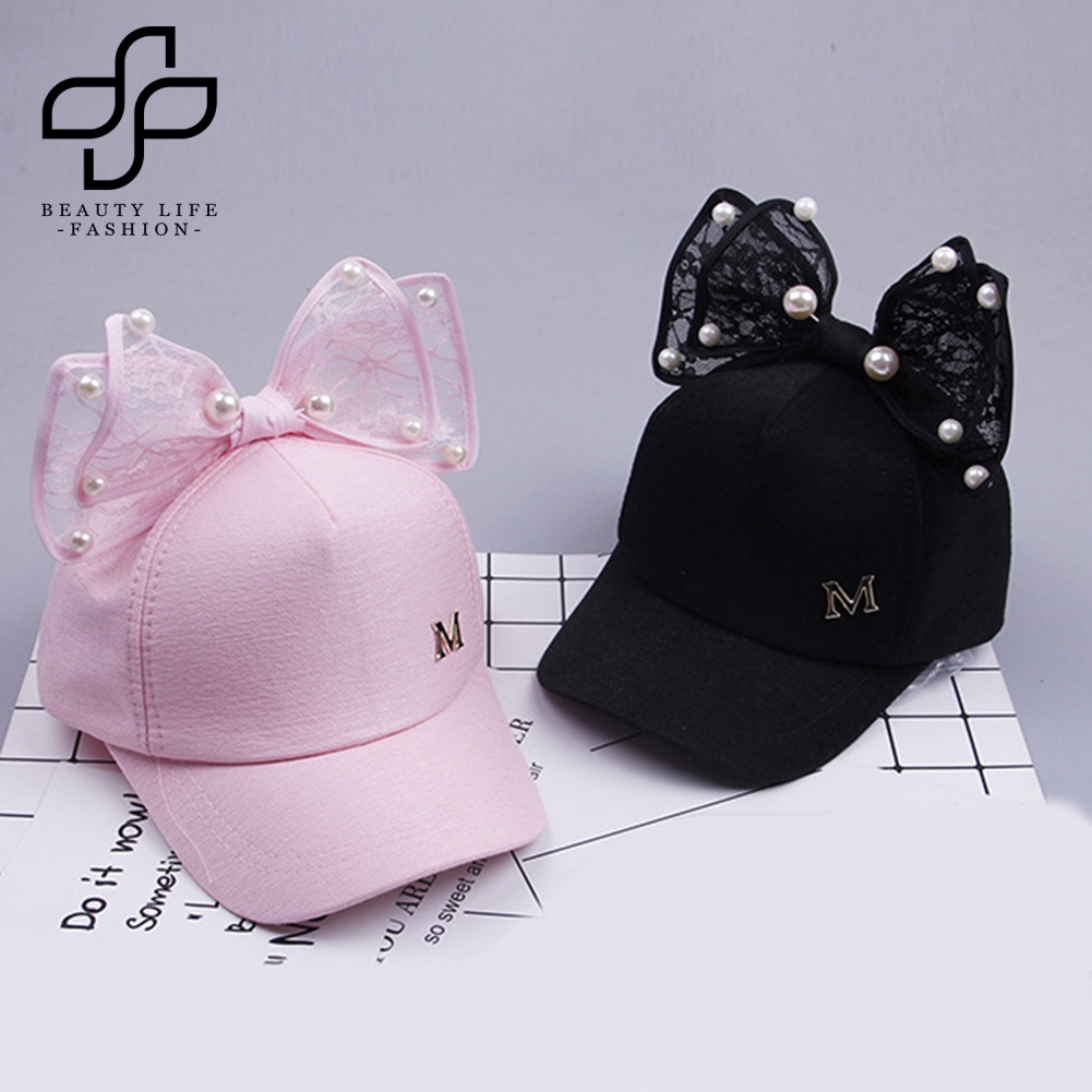 Mũ Lưỡi Trai Đính Nơ In Chữ M Đính Ngọc Trai Giả Thời Trang Mùa Hè Cho Bé Gái