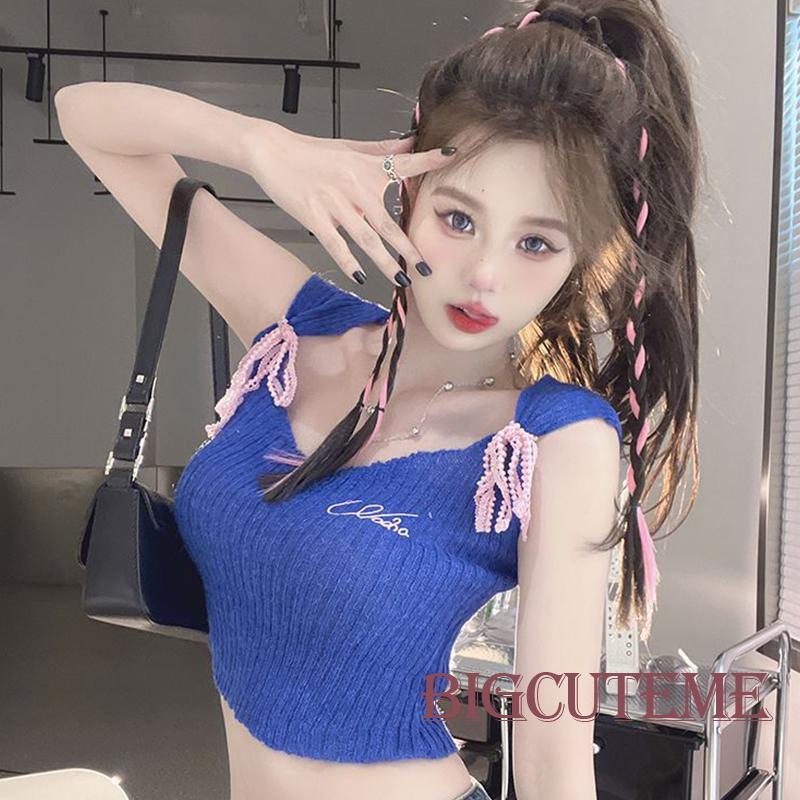 Áo Croptop Dệt Kim Không Tay Cắt Thấp Màu Sắc Tương Phản Thời Trang Mùa Hè Dành Cho Nữ