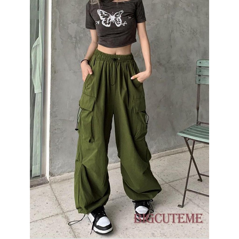 Quần Dài Dáng Suông Lưng Thun Có Túi Phong Cách Đường Phố Cho Nữ