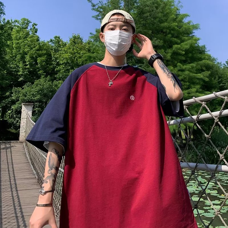 Áo Thun Raglan Tay Ngắn Dáng Rộng Màu Sắc Tương Phản Thời Trang Dành Cho Cặp Đôi