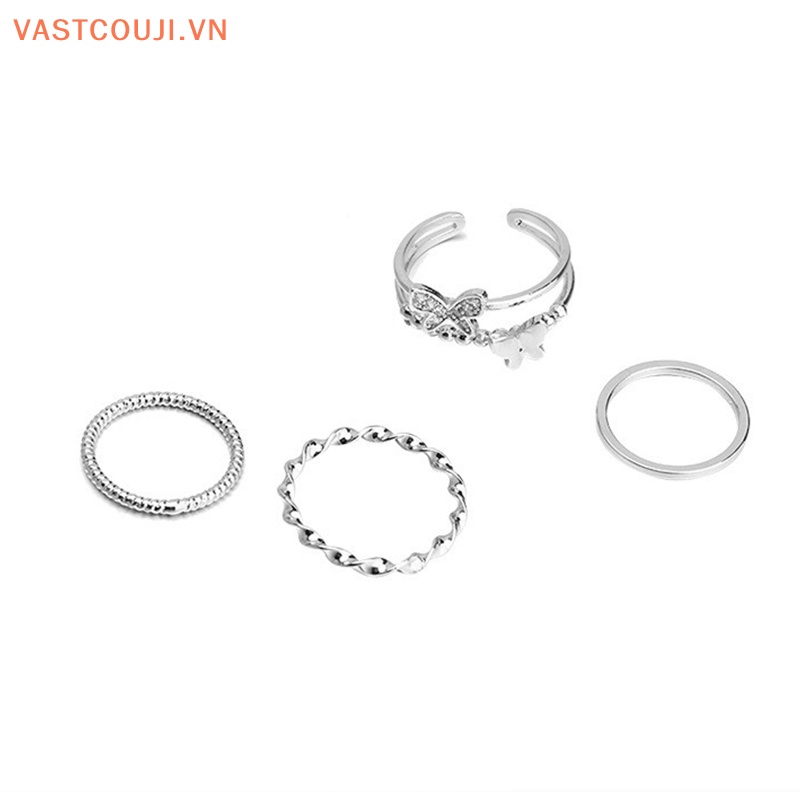 Bộ 4 Nhẫn Hình Tròn Họa Tiết Bướm Màu Bạc Tùy Chỉnh Thời Trang Cho Nữ