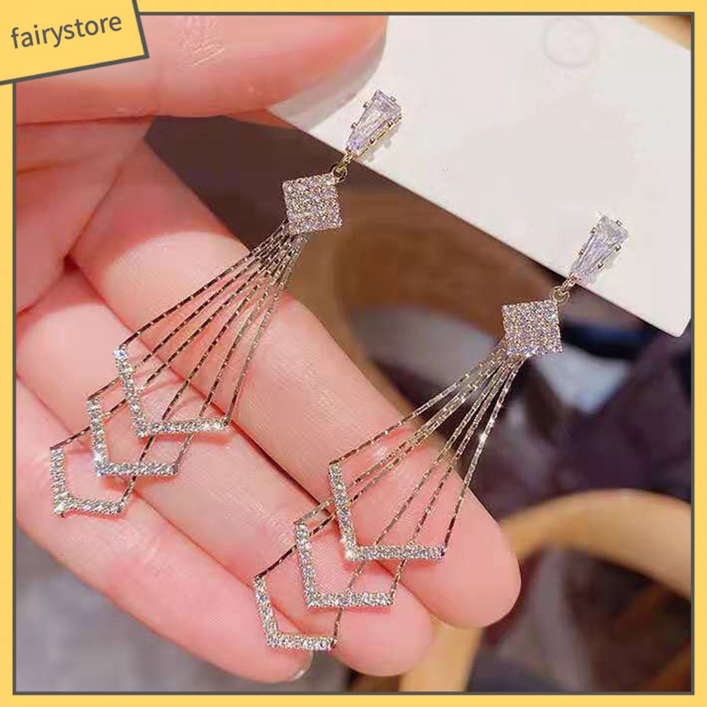 [FRO] Bông Tai Treo Ba Lớp Hình Thoi Đính Kim Cương Giả Lấp Lánh Dành Cho Nữ