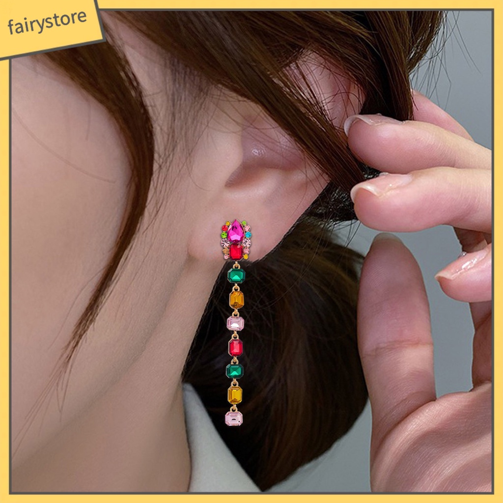 1 Đôi Bông Tai Hình Học Dáng Dài Đính Đá Nhiều Màu Thời Trang