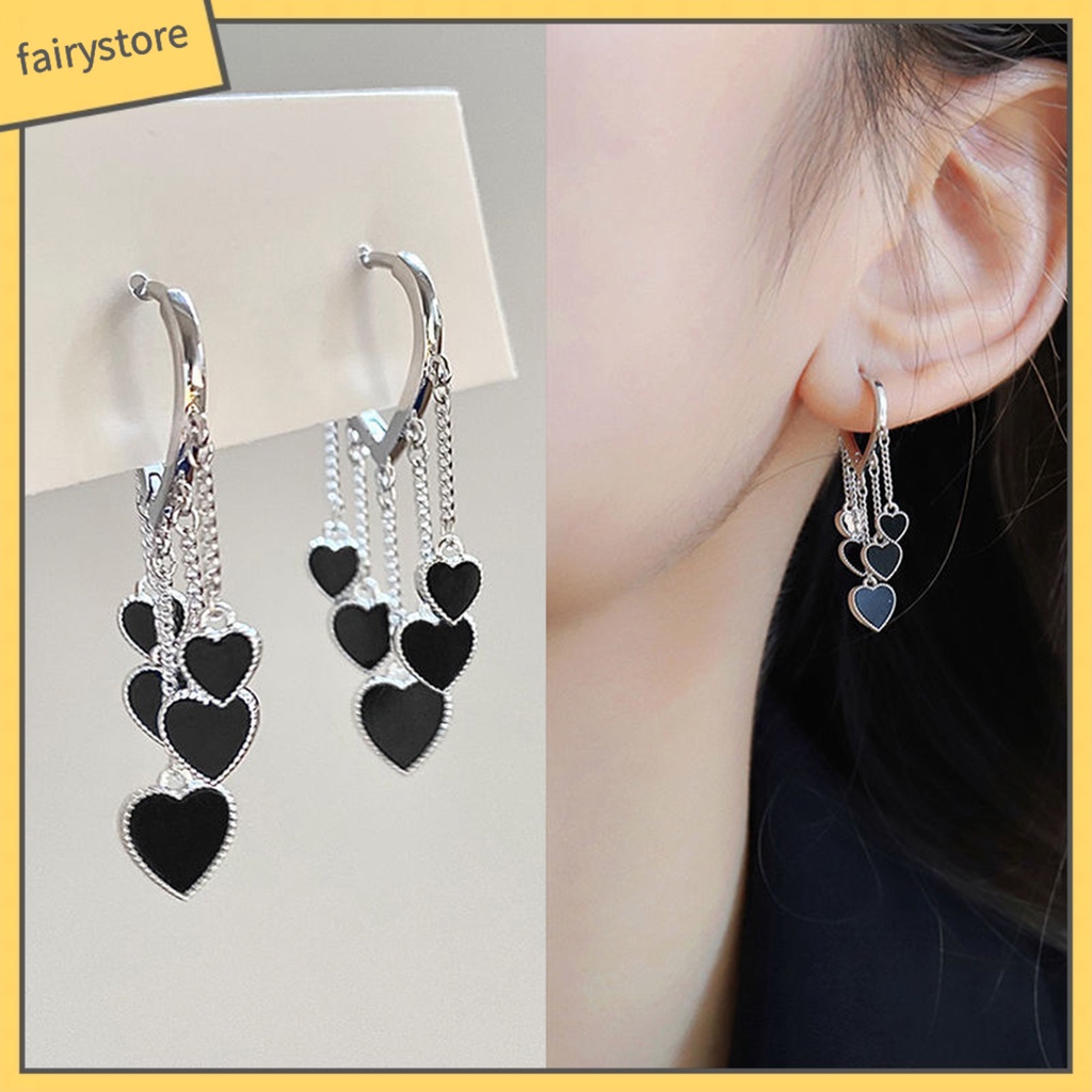 1 Đôi Bông Tai Tua Rua Hình Trái Tim Màu Đen Mạ Điện Thời Trang Cho Nữ