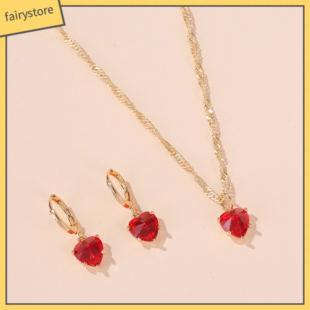 Bộ Vòng cổ + Bông Tai Hình Trái Tim Đính Đá Zircon Lấp Lánh Thời Trang Cho Nữ