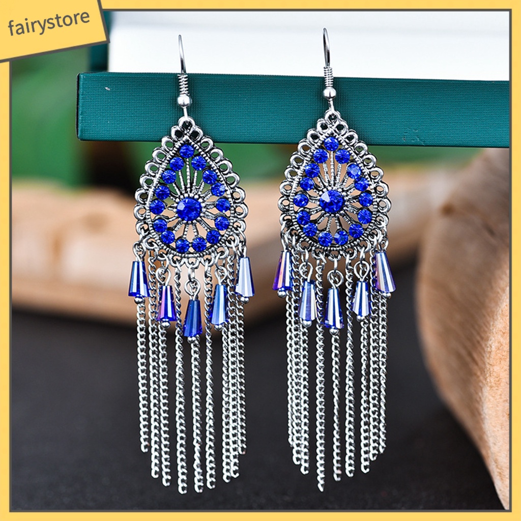 1 Đôi Bông Tai Hình Giọt Nước Đính Đá Phối Tua Rua Phong Cách Vintage