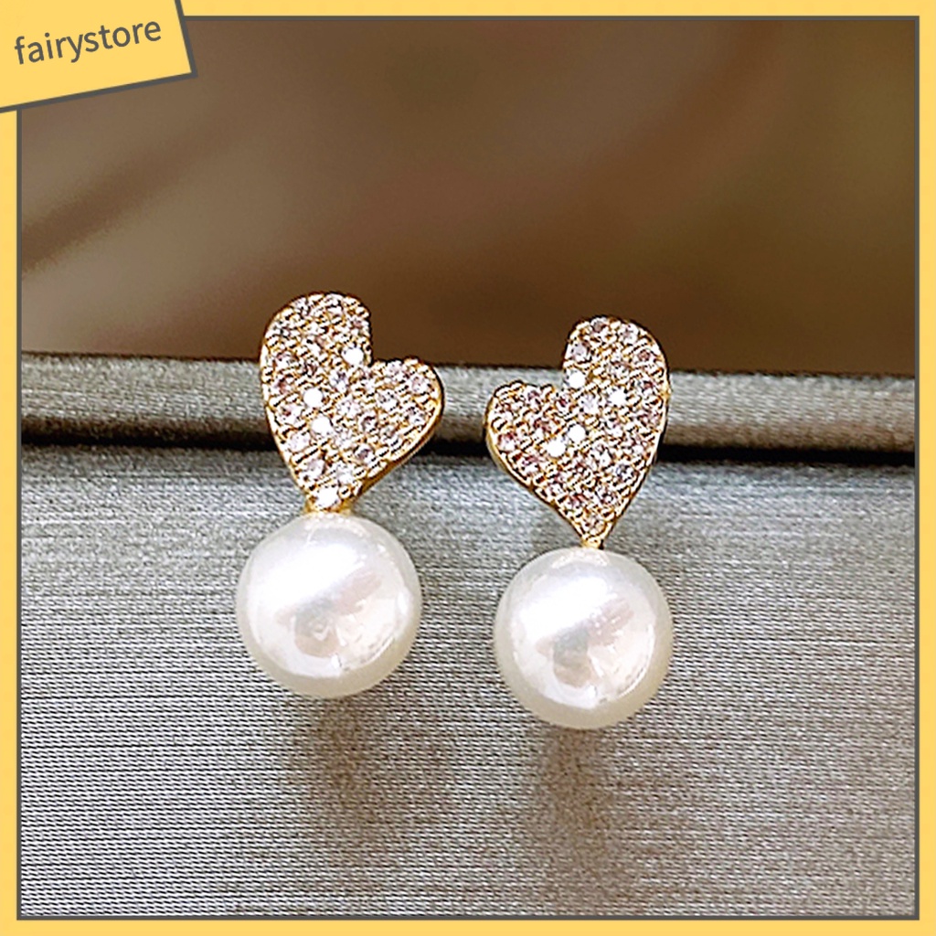 1 Đôi Bông Tai Hình Trái Tim Đính Ngọc Trai Giả Phong Cách Pháp Cổ Điển