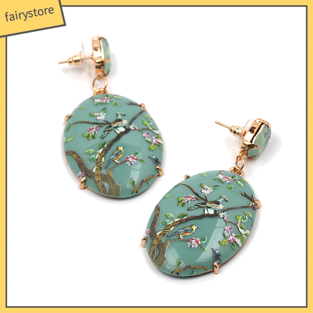 Bông Tai Hình Oval Họa Tiết Hoa Và Chim Phong Cách Vintage Dành Cho Nữ