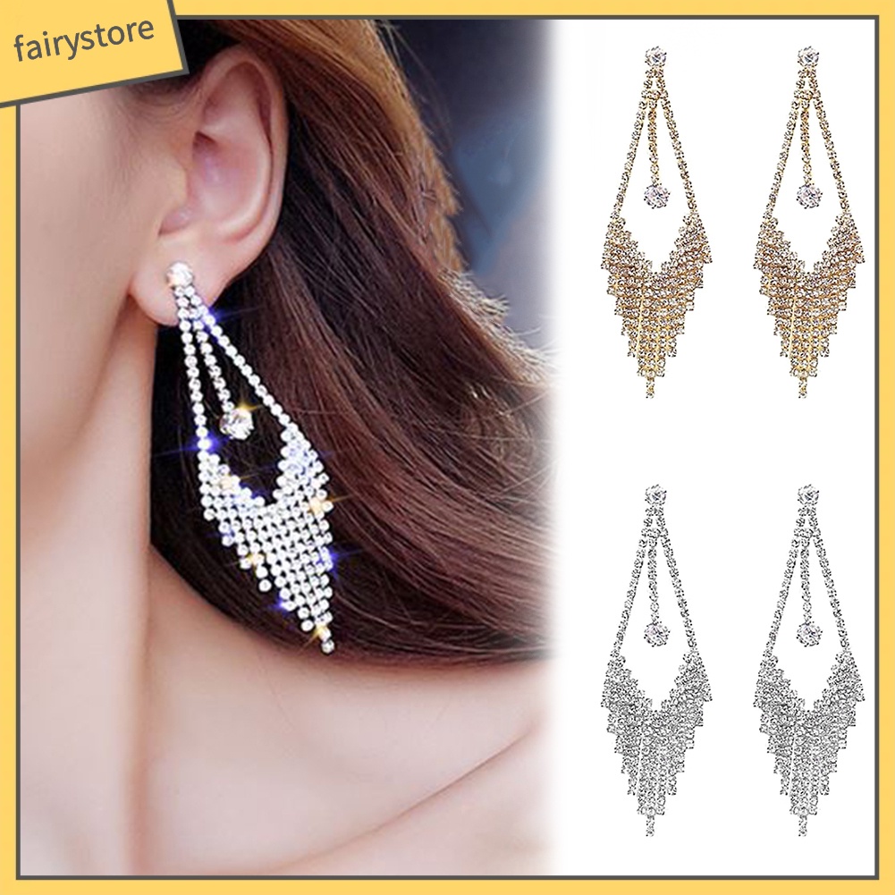 Bông Tai Dáng Dài Đính Đá Phối Tua Rua Sang Trọng Cho Nữ