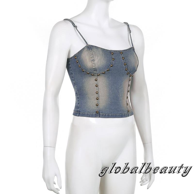 Áo Croptop Denim Hai Dây Phong Cách Retro Thời Trang Mùa Hè Dành Cho Nữ