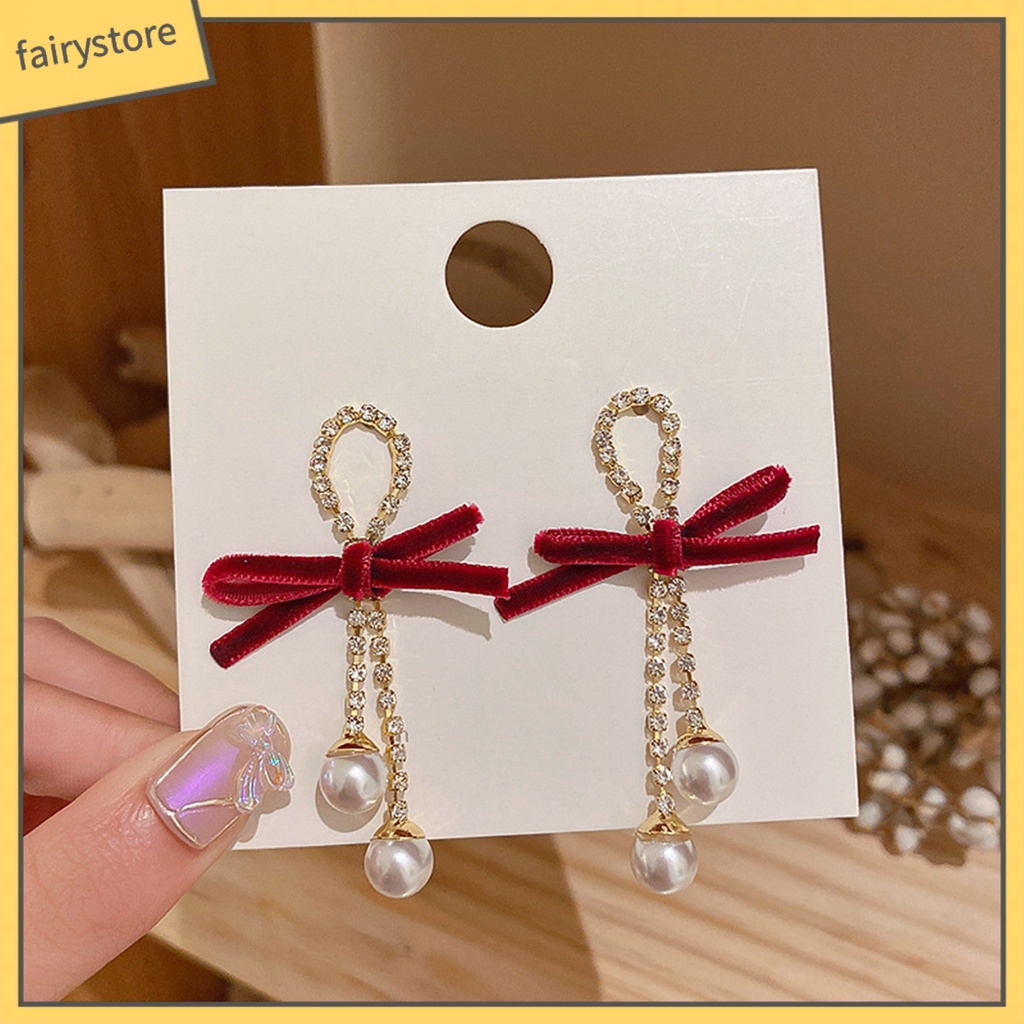 1 Đôi Bông Tai Đính Nơ Và Ngọc Trai Giả Thời Trang