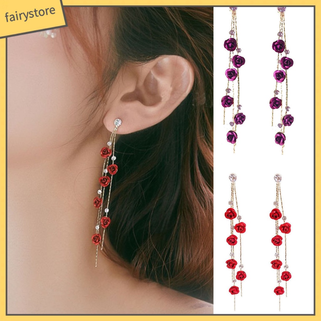 1 Đôi Bông Tai Dài Hình Hoa Hồng Đính Đá Lấp Lánh Dành Cho Nữ
