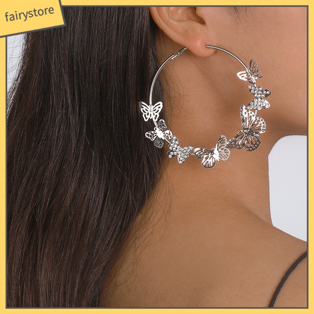 1 Đôi Bông Tai Tròn Đính Đá Hình Bướm 3D Sáng Bóng Phong Cách Vintage Dành Cho Nữ