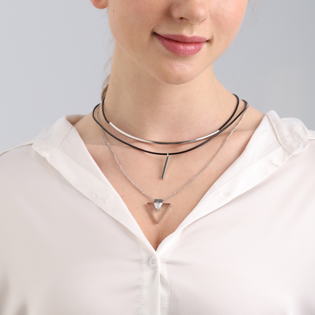 Vòng cổ Da Bò Nhiều Lớp Mặt Tam Giác Đính Đá Zircon Thời Trang Cho Nữ