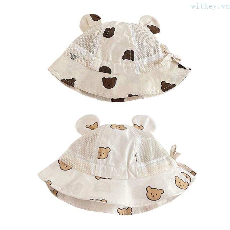 Nón Tai Bèo Phối Lưới Họa Tiết Gấu Hoạt Hình Dễ Thương Cho Bé Sơ Sinh