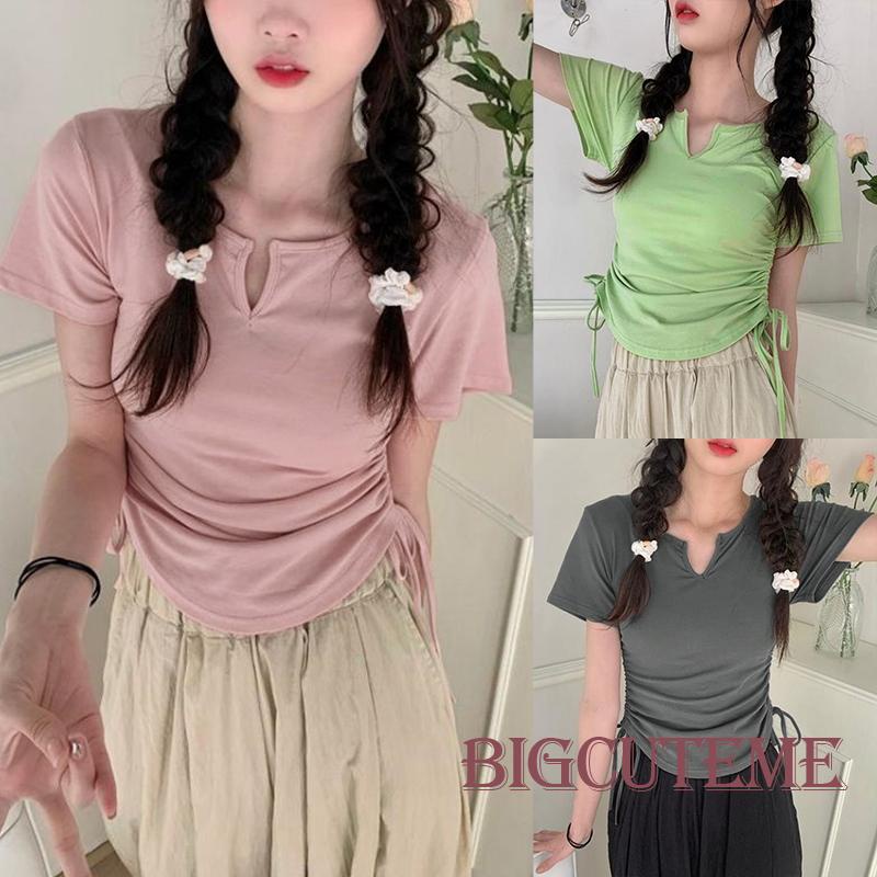 Áo Thun Tay Ngắn Cổ Chữ V Màu Sắc Đơn Giản Dành Cho Nữ