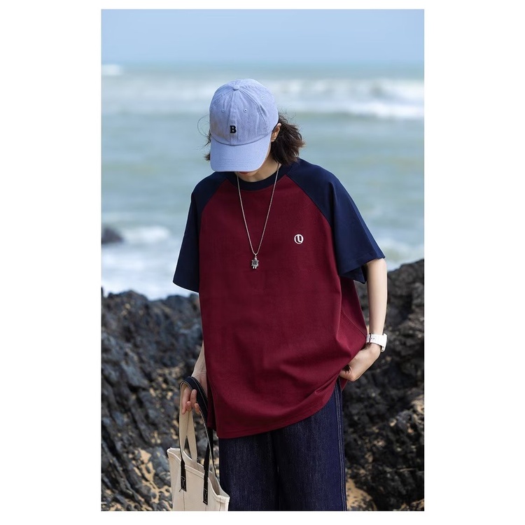 Áo Thun Raglan Tay Ngắn Dáng Rộng Màu Sắc Tương Phản Thời Trang Dành Cho Cặp Đôi