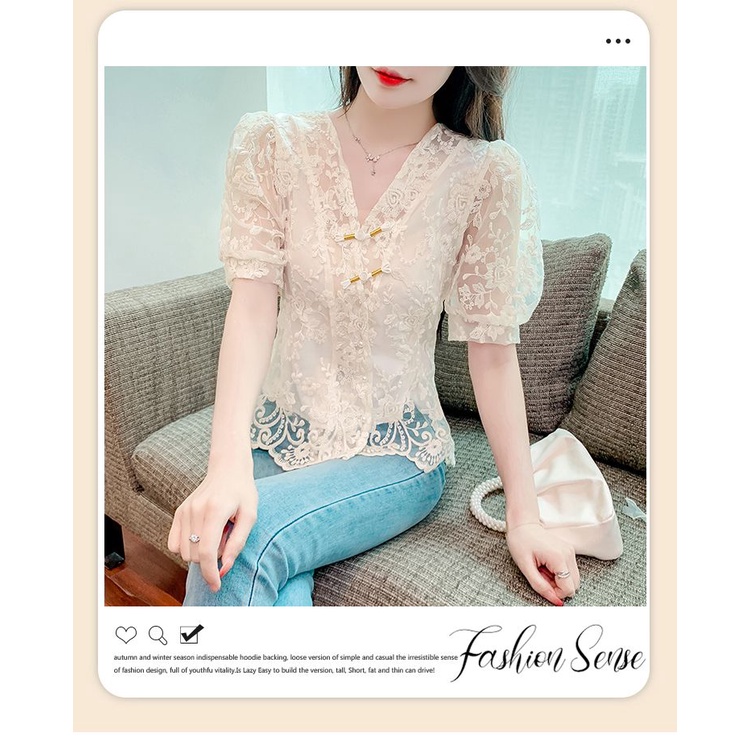 Áo Sơ Mi Ngắn Tay Phối Ren Phong Cách Trung Hoa Thời Trang Mùa Hè Mới 2023