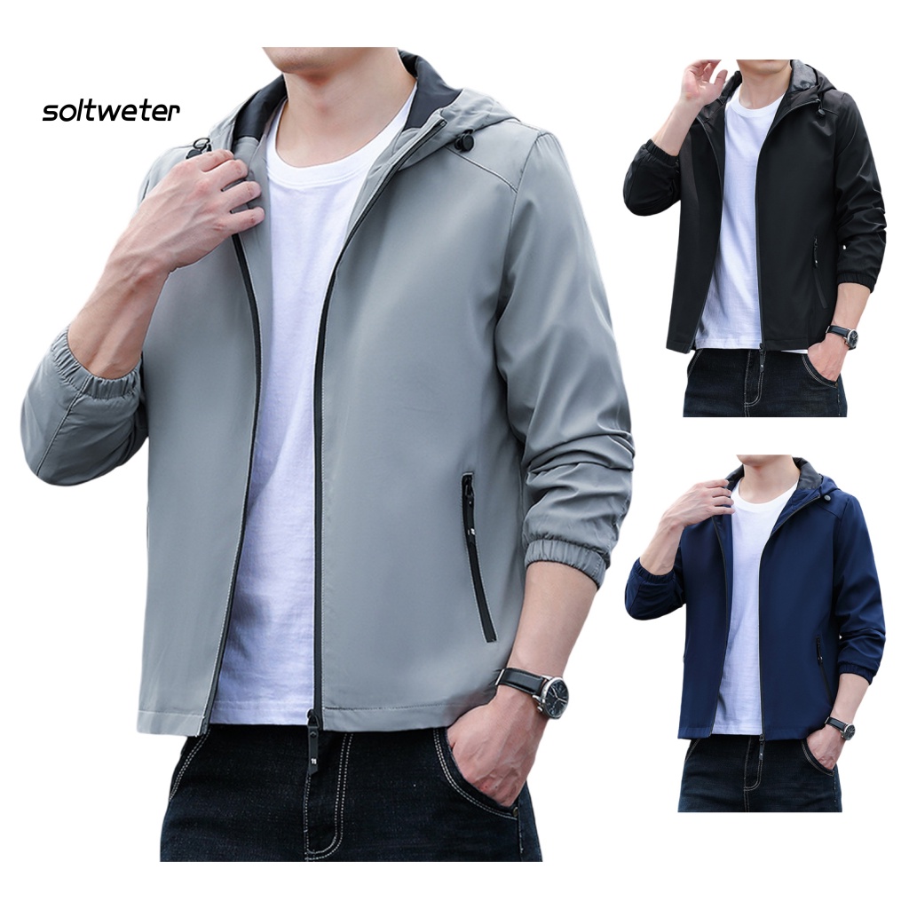 Áo Khoác Có Nón Và Khóa Kéo Màu Sắc Đơn Giản Phong Cách Đường Phố Hàn Quốc Cho Nam