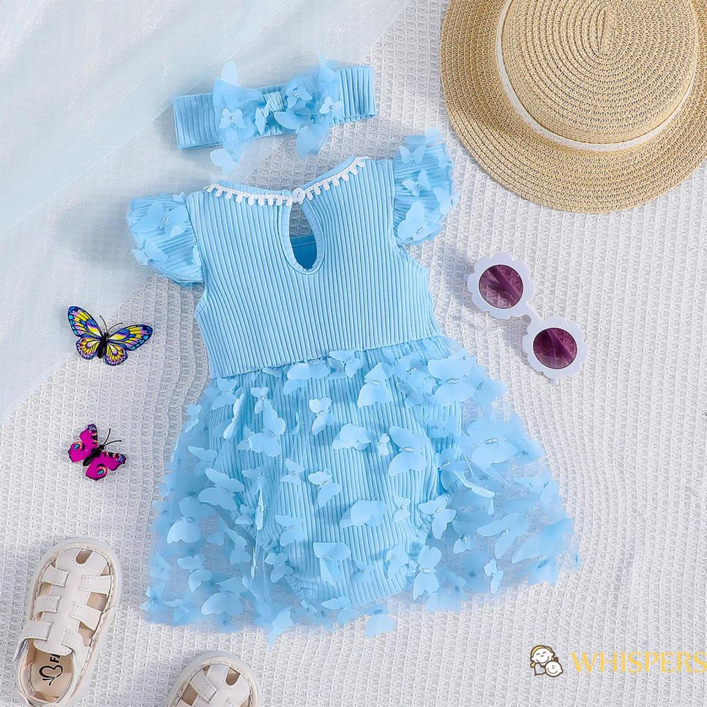 Bộ Áo Liền Quần Vải Tuyn Tay Cánh Bướm 3D Kèm Băng Đô Thời Trang Mùa Hè Cho Bé Gái 0-12 Tháng Tuổi