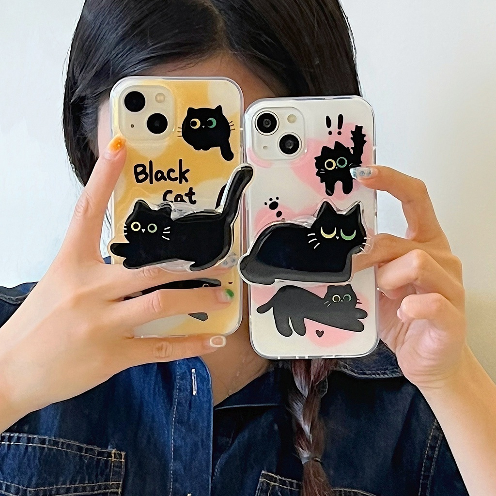 Ốp Điện Thoại imd Mềm Trong Suốt In Hình Mèo Đen Dễ Thương Có Giá Đỡ Cho iPhone 11 13 12 14 Pro Max