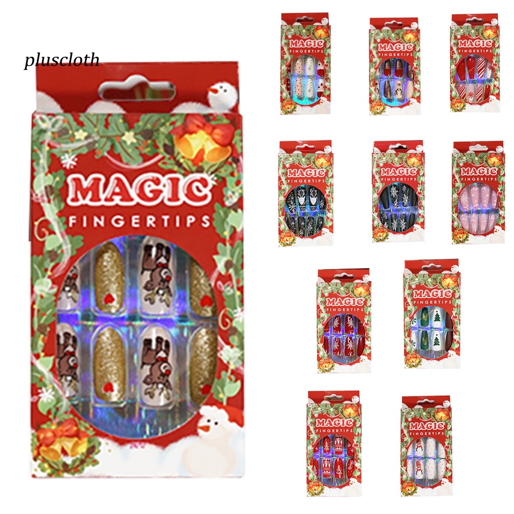 &lt; Pluscloth &gt; Set 24 Móng Tay Giả Dạng Nhấn Siêu Mỏng Phong Cách Giáng Sinh Có Thể Tháo Rời