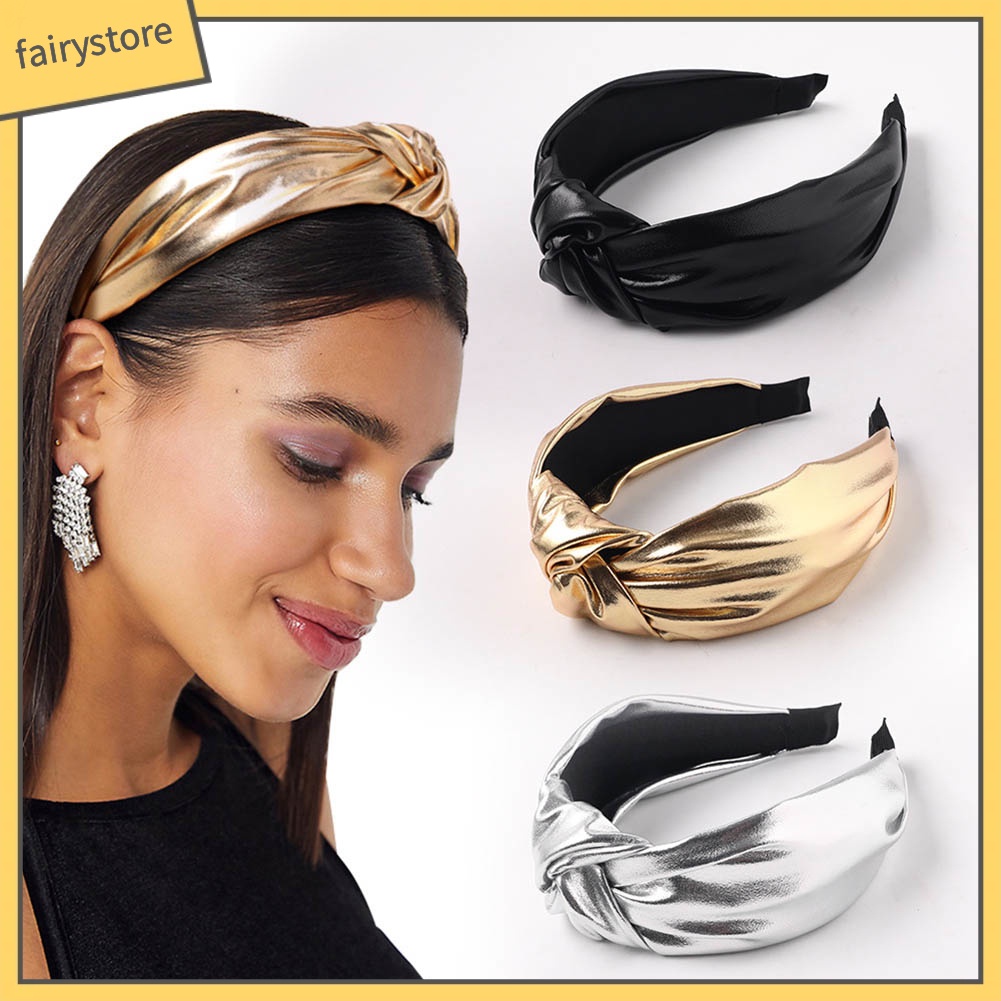 Băng Đô Cài Tóc Bản Rộng Giả Da Thắt Nút Màu Trơn Cho Nữ