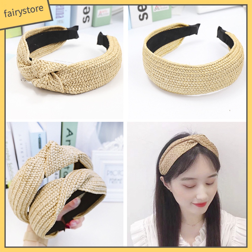 Băng Đô Đan Rơm Thắt Nút Chéo Thời Trang Đi Biển Mùa Hè Cho Nữ