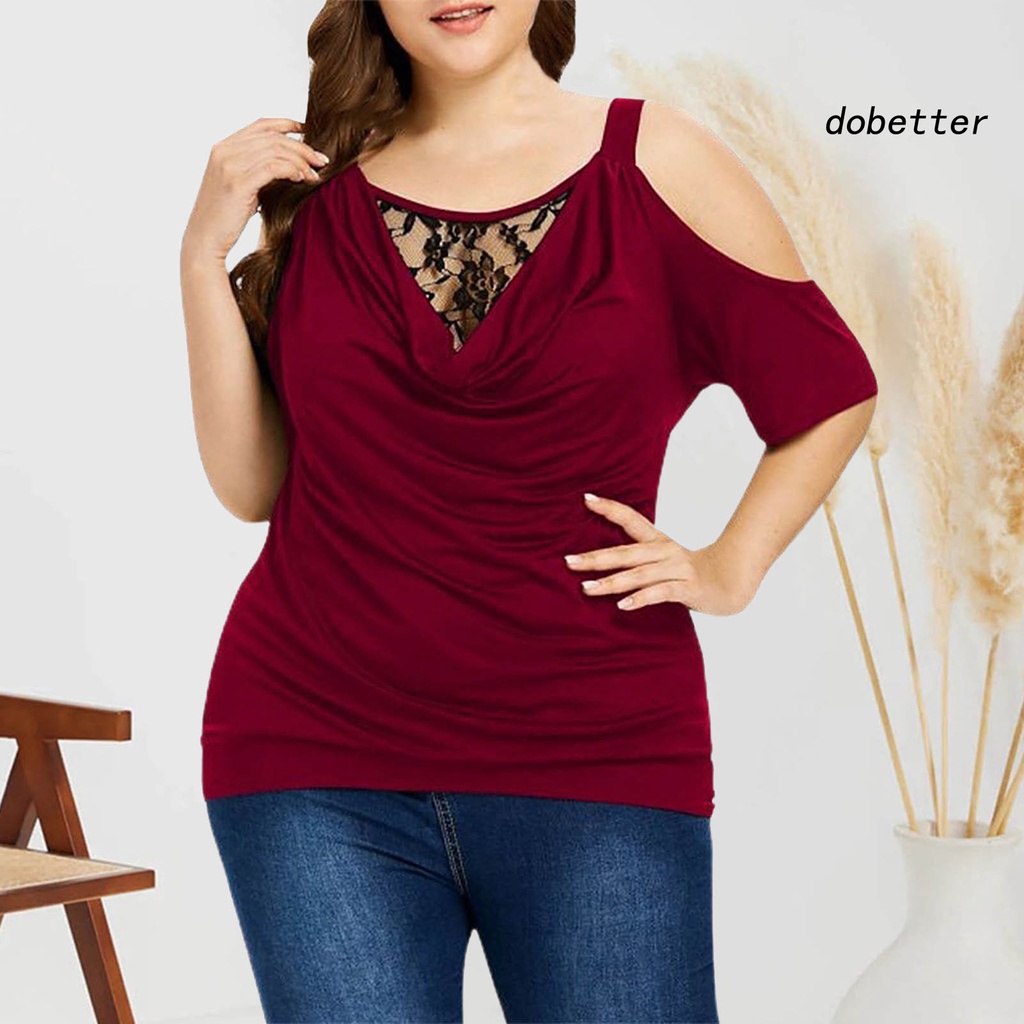 Áo Thun Tay Ngắn Cổ Tròn Màu Trơn Phối Ren Xuyên Thấu Plus Size Thời Trang Mùa Hè Cho Nữ