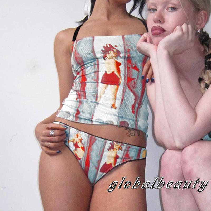 Áo Croptop Hai Dây Hở Lưng In Họa Tiết Phong Cách Retro Mùa Hè Dành Cho Nữ