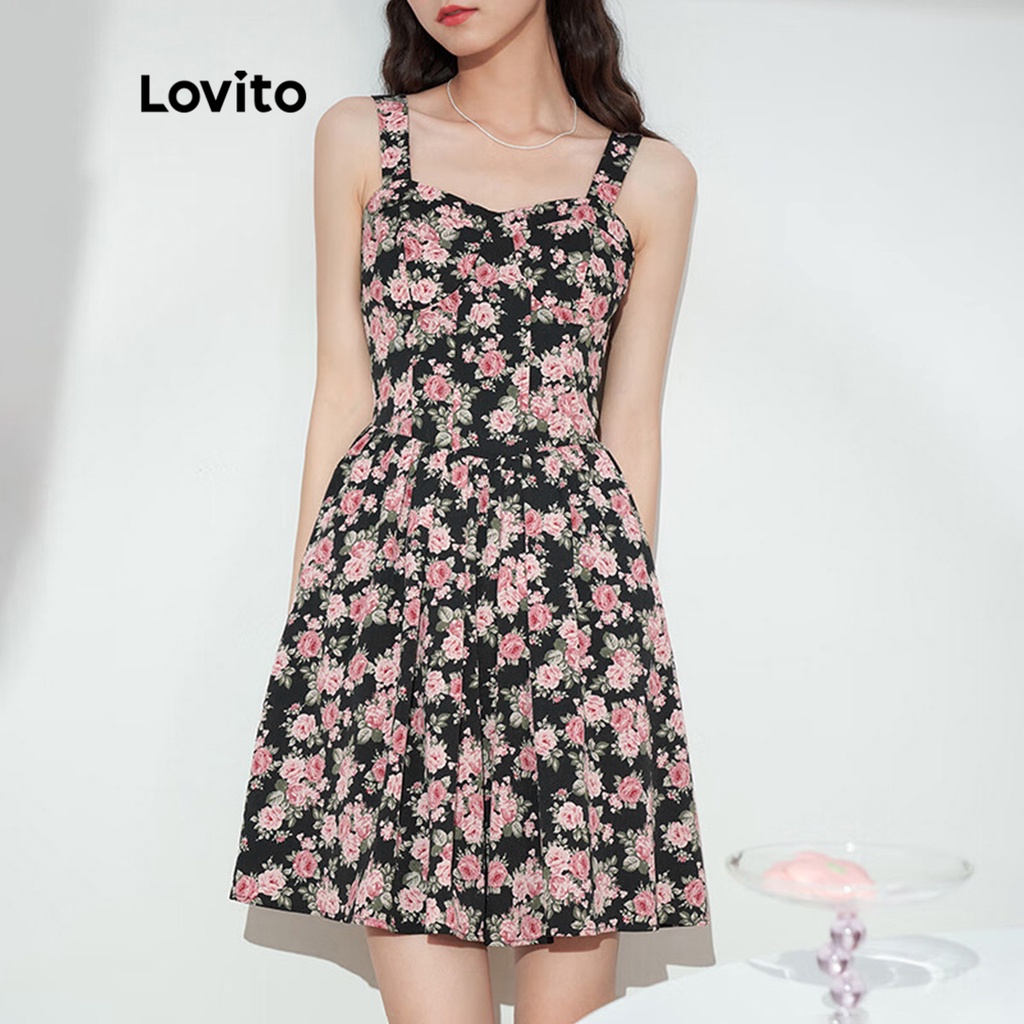 Đầm Lovito phong cách thường ngày họa tiết hoa nhí xếp nếp không tay mini dành cho nữ L53AD041 (đen)