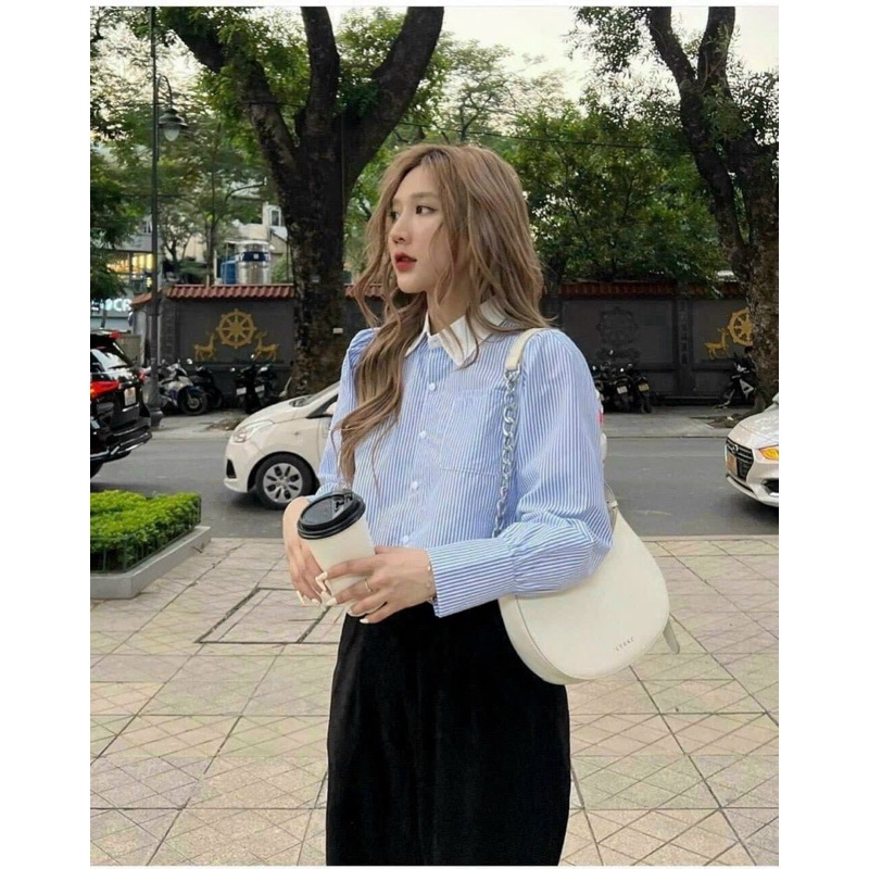 ÁO SƠ MI XINH SỌC MÀU XANH CROPTOP MỚI THANH LỊCH GB alohashop91