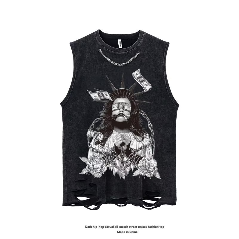 Áo Thun Cotton Không Tay Rách Gối Màu Trơn Phong Cách Hip Hop Đường Phố Âu Mỹ Cho Nam