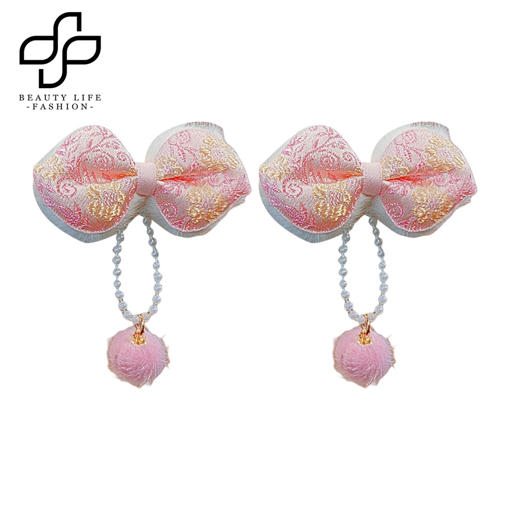 Bộ 2 Kẹp Tóc Nơ Đính Bóng Lông Tua Rua Đỏ Phong Cách Trung Hoa Cổ Điển Mừng Năm Mới Cho Bé Gái