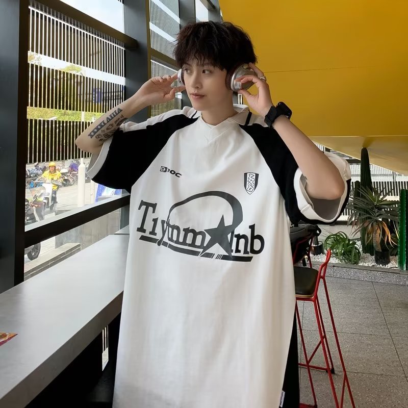 Áo Thun polo Tay Ngắn Dáng Rộng Màu Sắc Tương Phản Phong Cách Retro Mỹ Thời Trang Mùa Hè Cho Nam