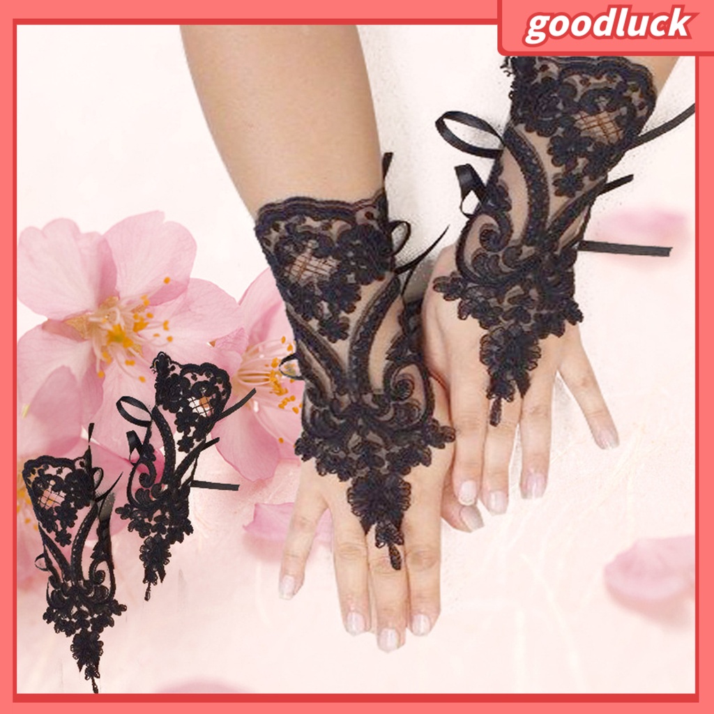 1 Đôi Găng Tay Cô Dâu Hở Ngón Thiết Kế Ren Xuyên Thấu