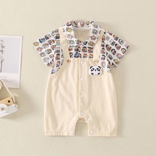 Gấu trúc hoạt hình in cotton ngắn tay bé trai và bé gái 0-24 tháng tuổi
