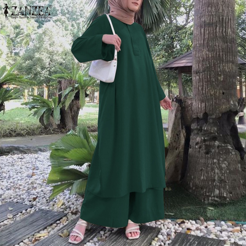 Zanzea Set Áo Thun Dài Tay Cổ Tròn + Quần Dài Lưng Thun Màu Trơn Cho Phụ Nữ Hồi Giáo