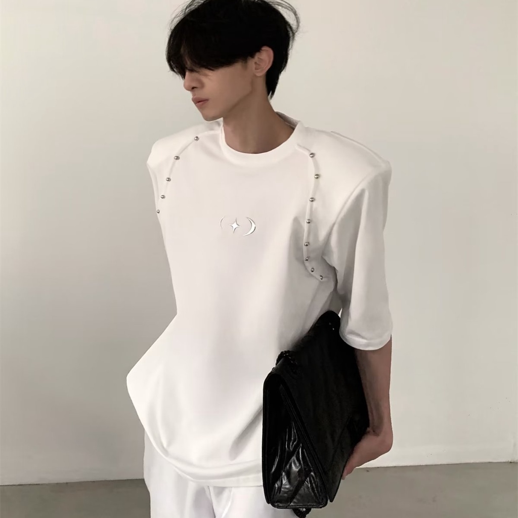 Áo Thun Cotton Tinh Khiết Tay Ngắn Thiết Kế Đường Viền Hạt Kim Loại Đơn Giản Dễ Phối Đồ Mùa Hè Nich