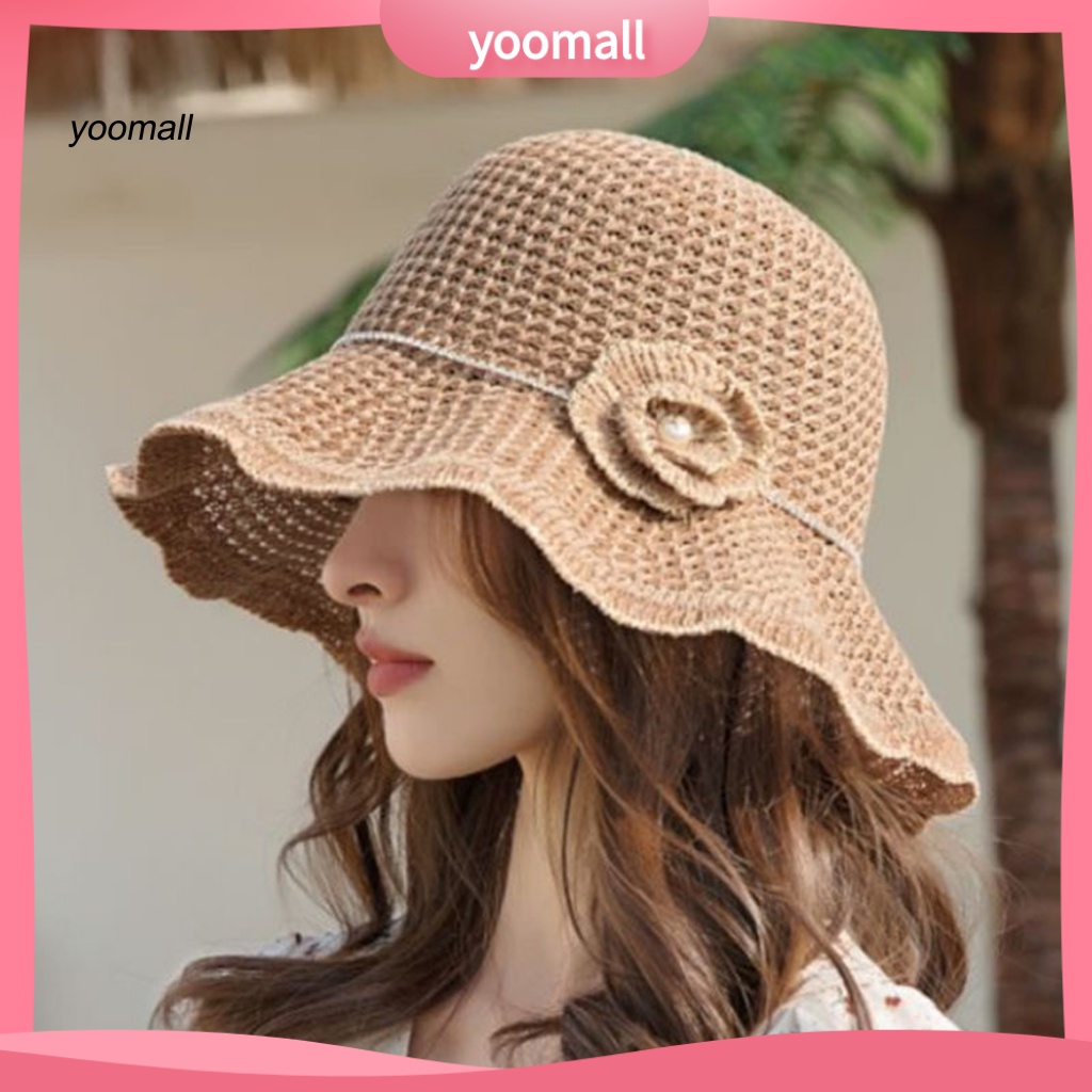 Mũ Bucket Vành Lớn Thoáng Khí Đính Ngọc Trai Giả Thời Trang Cho Nữ