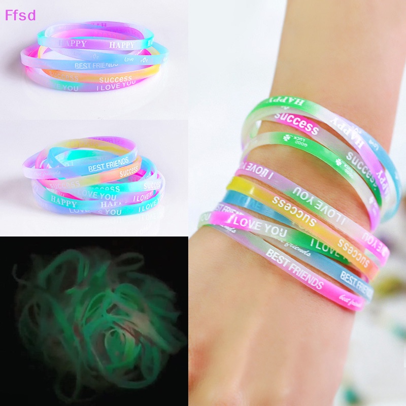 {Ffsd} Set 10 Vòng Tay Cao Su Silicon Phát Quang Màu Kẹo In Chữ Thời Trang Làm Quà Tặng Trang Sức