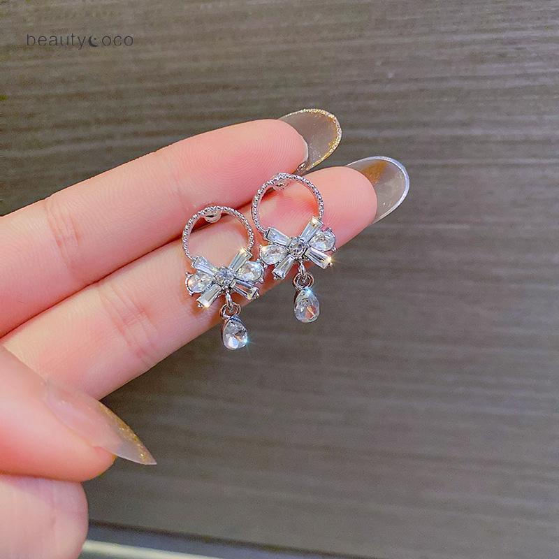 beautycoco🍊Đôi Khuyên Tai Hình Nơ Đính Đá Phong Cách Hàn Quốc