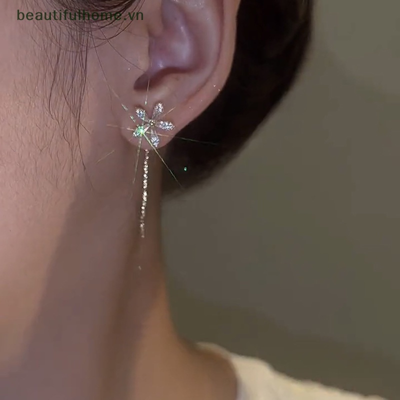 1 Đôi Bông Tai Dáng Dài Hình Hoa Đính Đá Zircon Lấp Lánh Thời Trang