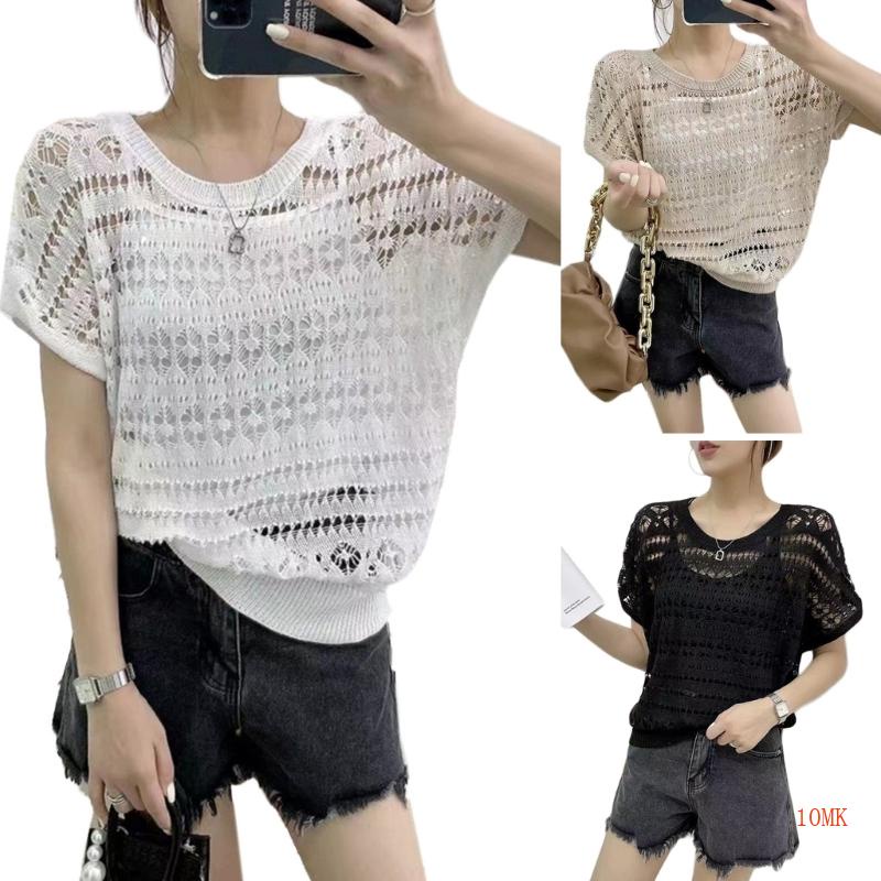 Áo Thun Tay Ngắn Cổ Thuyền Phối Ren Rỗng Thời Trang Mùa Hè Cho Nữ